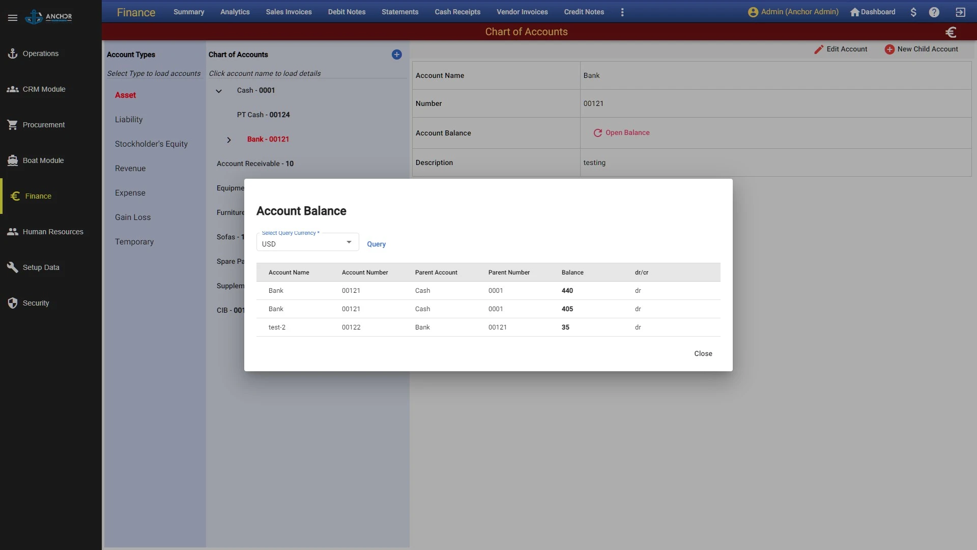 Anchor ultimate finance module chart of accounts.